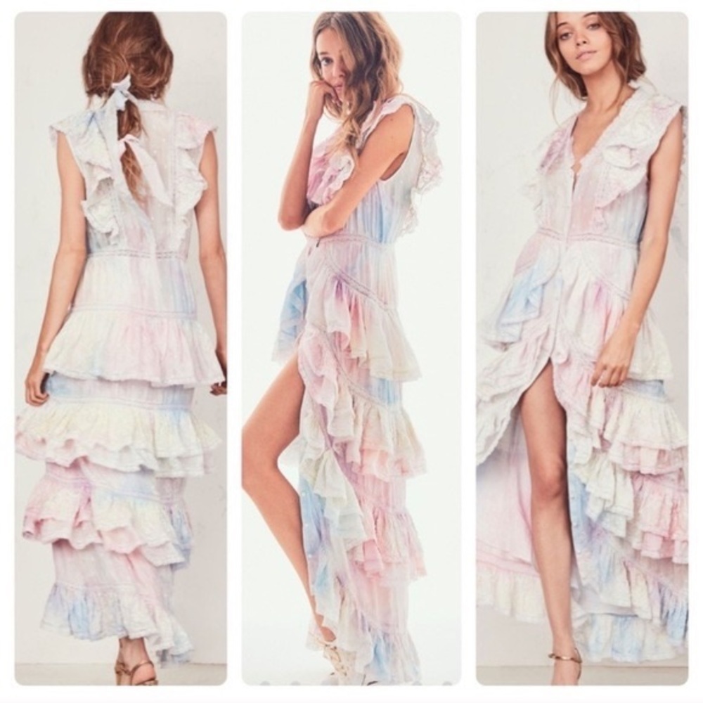 LoveShackFancy India Tie Dye Maxi Dress Tiered Ruffle Silk button 0